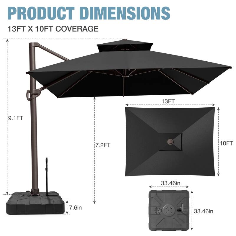 Outdoor Patio 10 x 13 FT Cantilever Umbrella Double Top with Rod Base