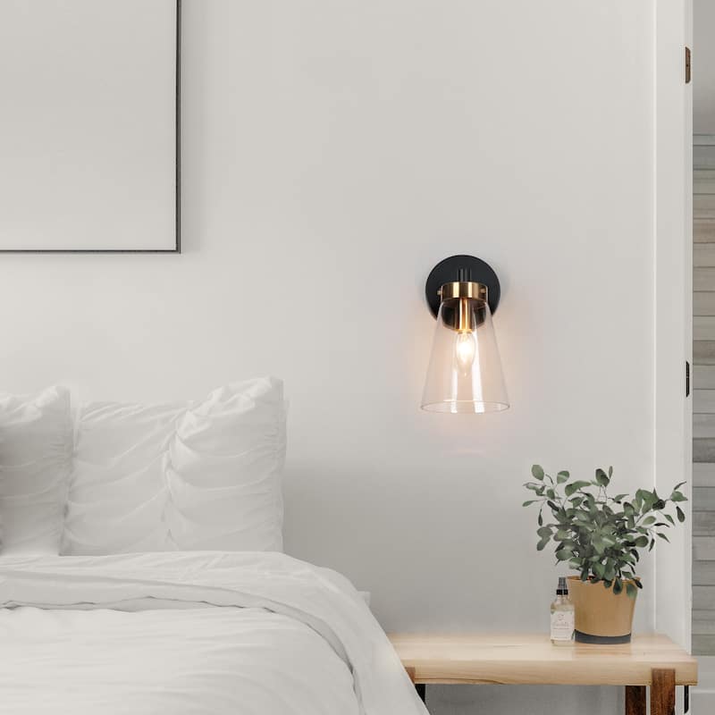 Glint 1-Light Black Gold Armed Wall Sconce Clear Glass Bathroom Vanity Light - 5'' L x 6.5'' W x 10'' H
