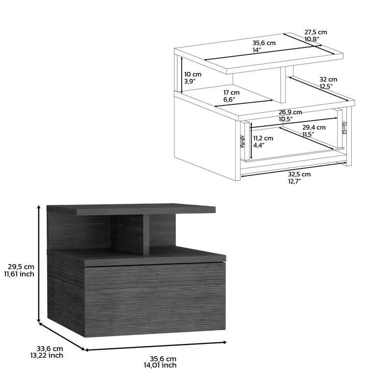 Floating Nightstand 12"H, Wall Mounted with Single Drawer and 2-Tier Shelf, White