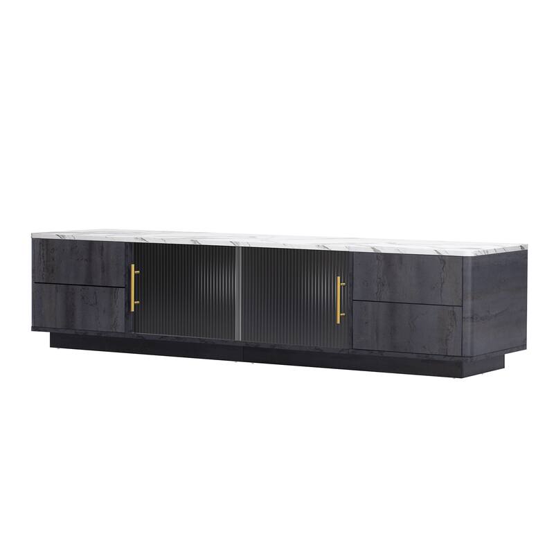 Glass Doors TV Stand for 70" TV, Media Console with 4 Drawers Floor Wood TV Media Center Table with Large Storage Cabinet