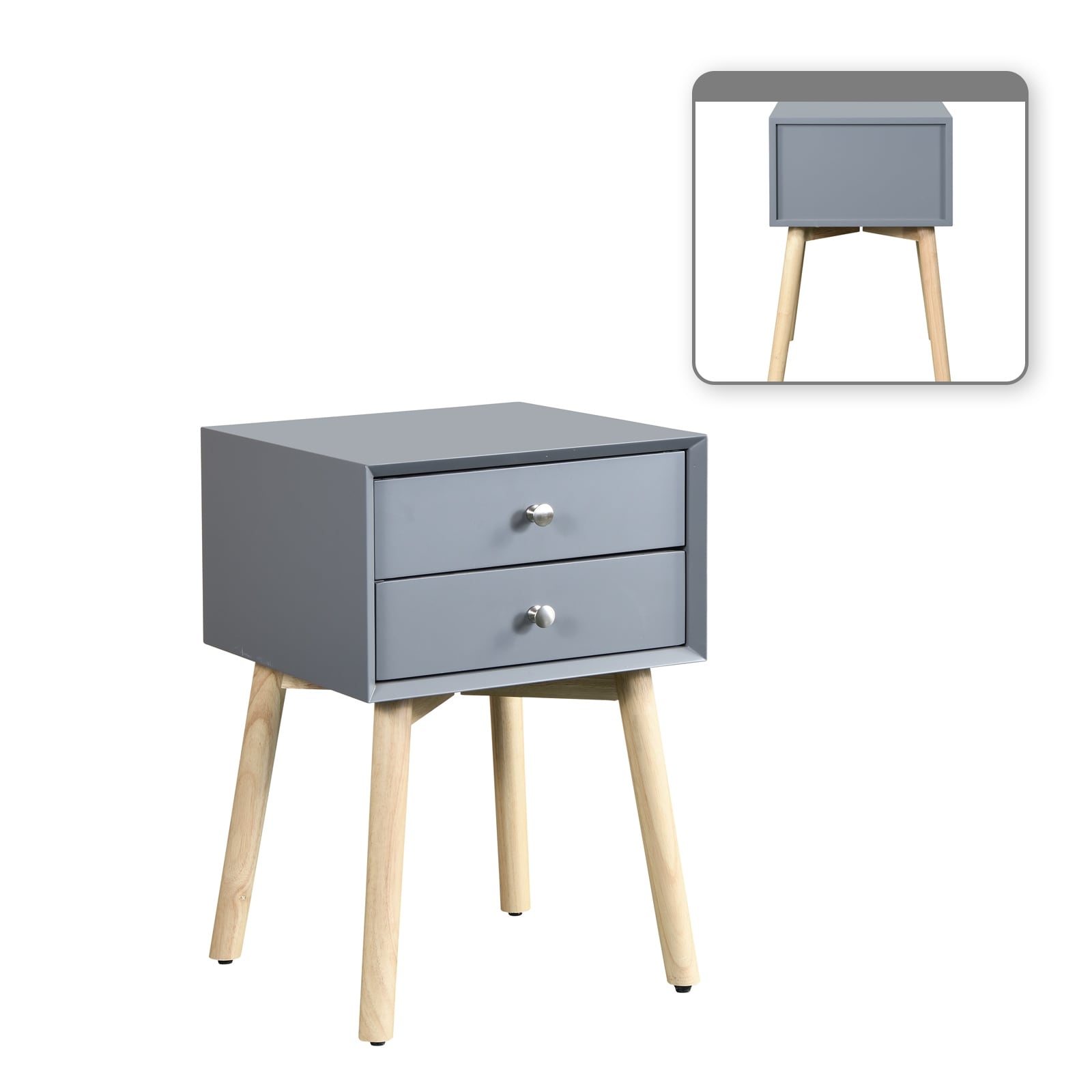 Mid-Century Modern Bedside Table with 2 Drawers and Rubber Wood Legs for Bedroom Living Room