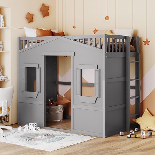 slide 2 of 9, Gray Castle Style Solid Pine Wood Loft Bed with Ladder and Guard Rails Twin - Gray