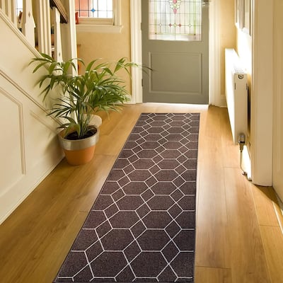 Custom Size Hexagon Brown 26 Inch Wide Non-Slip Stair Runner Rug