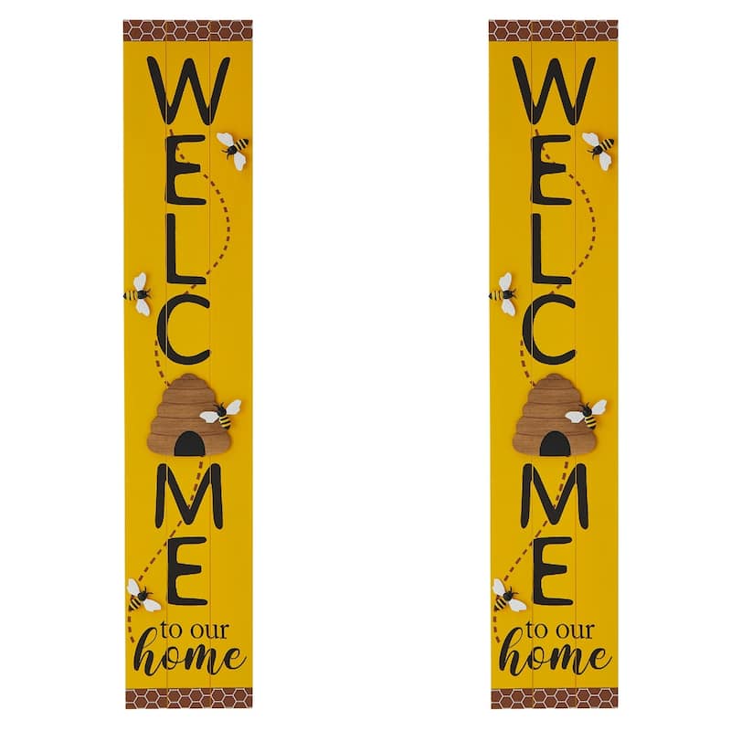 Glitzhome 42"H Solid Wood WELCOME Porch Sign with Bee or Butterfly Outdoor Decor