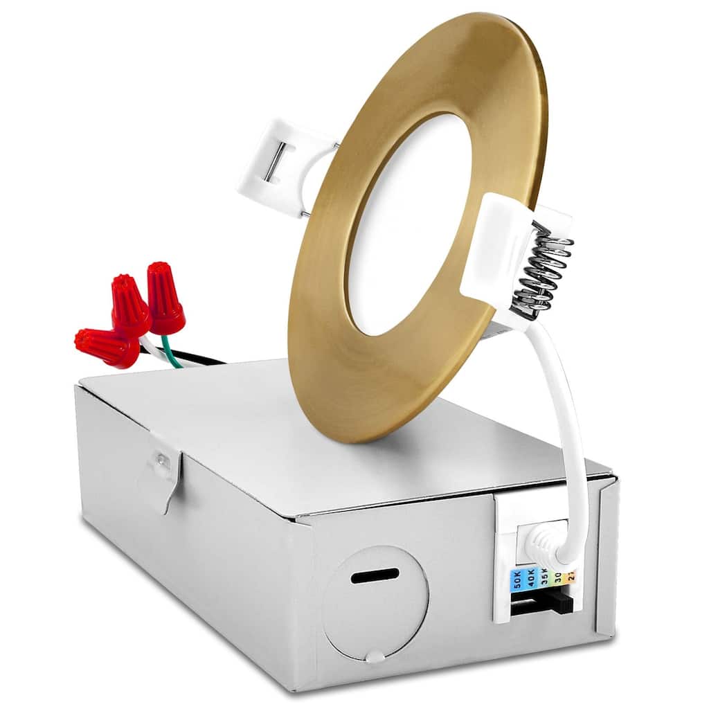 Luxrite 3 Inch Ultra Thin LED Recessed Light J-Box, 8W, 5CCT, Dimmable, 540 Lumens, Brass Trim