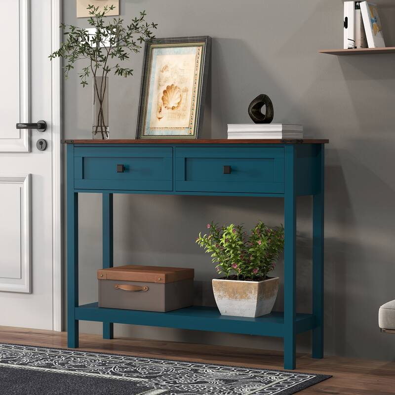 Homy Casa Farmhouse Console Table with 2 Drawers & Bottom Shelf