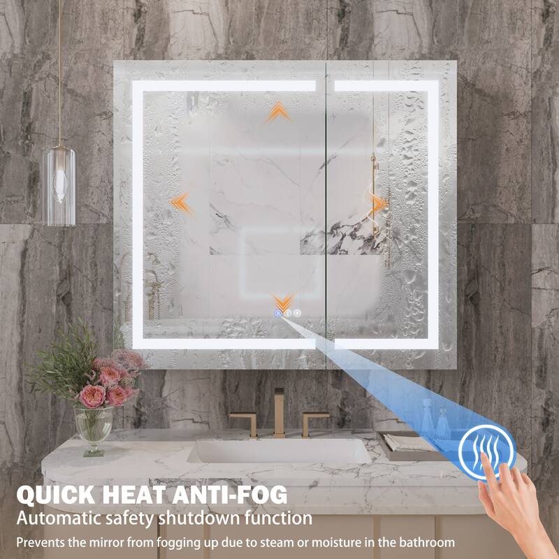 Rectangular Aluminum Recessed/Surface Mount Frameless Anti-Fog Medicine Cabinet with Dimmable LED Lights