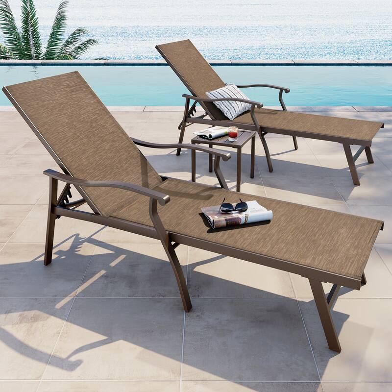 3-Piece Chaise Lounge Set Adjustable Patio Chaise Lounge with Side Table - Brown