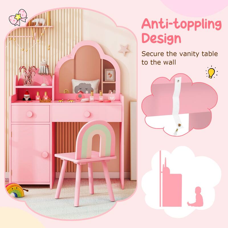 Children's Vanity Table and Stool Set with Mirror and Drawers Cabinet for Bedroom or Playroom - 31.5" x 16" x 38.5" (L x W x H)