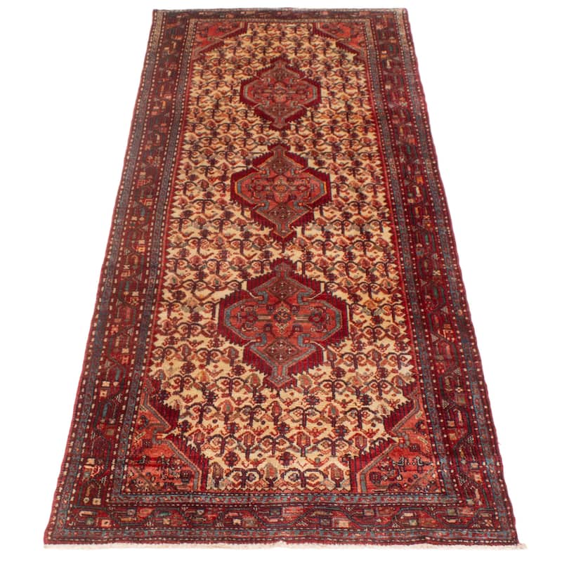 ECARPETGALLERY Hand-knotted Andelz Cream, Red Wool Rug - 3'8 x 10'2