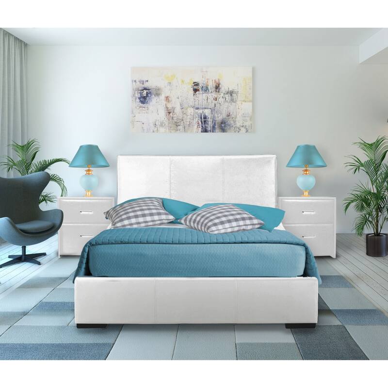 White Solid and Manufactured Wood Queen Upholstered Faux Leather Bed Frame