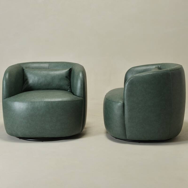 KINWELL 34" Wide Swivel Faux Leather Barrel Armchair Upholstered PU Leather Accent Chairs for Living Room Office Lounge
