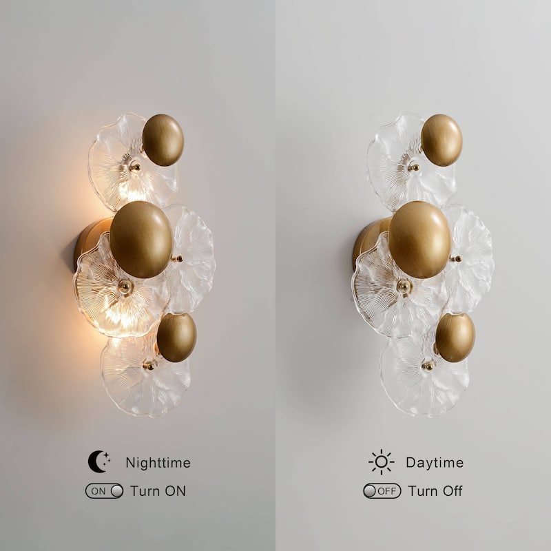 Frieda 2-Light Brushed Brass Glass Flower Wall Sconce - 9" W x 16" H x 5.5" D