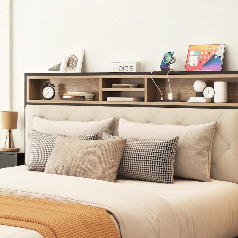 Queen/King Size Platform Bed Frame with Charging Station, Upholstered Storage Headboard & Metal Slats