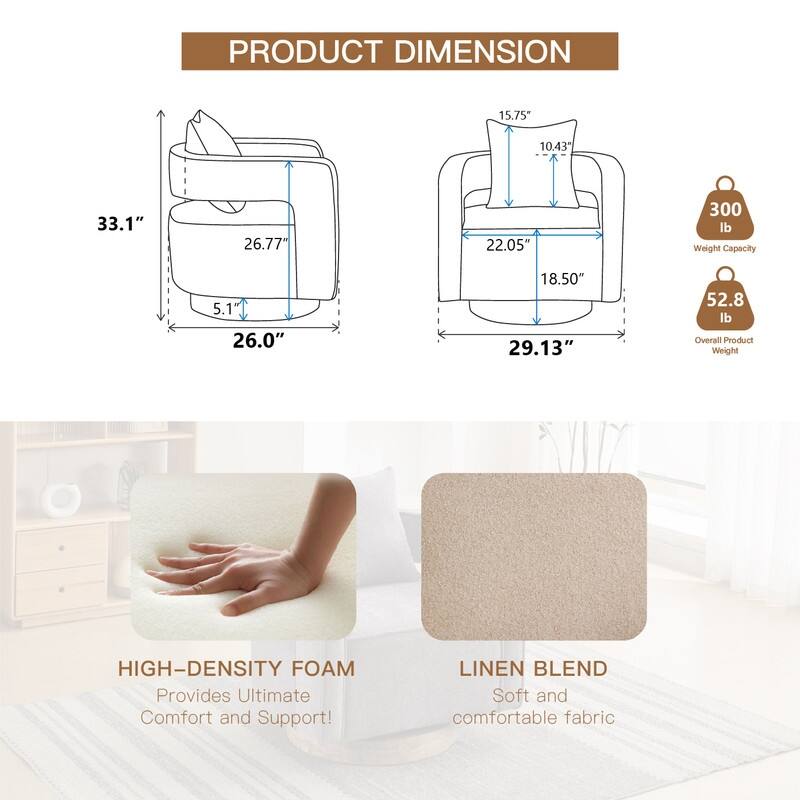 360 Degree Swivel Accent Chair with Solid Wood Base,Linen Blend