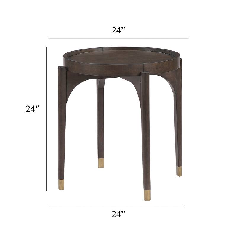 Azy Side End Table, 24 Inch Round Top, Gold Capped Legs, Dark Brown