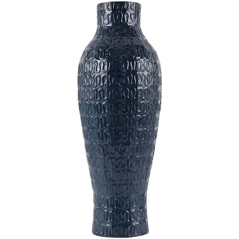 Dark Blue Metal Dimensional Textured Decorative Vase with Wavy Pattern