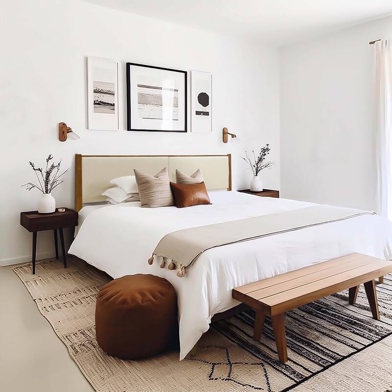 Beige Upholstered Headboard and Wood Frame Set, Queen or King