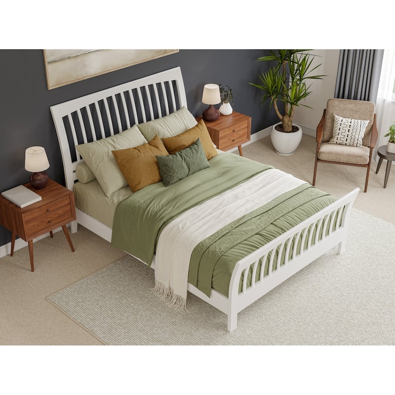 Solid Wood Low Profile Bed - White Platform Bed with Footboard & Sleigh Headboard - Mattress Support