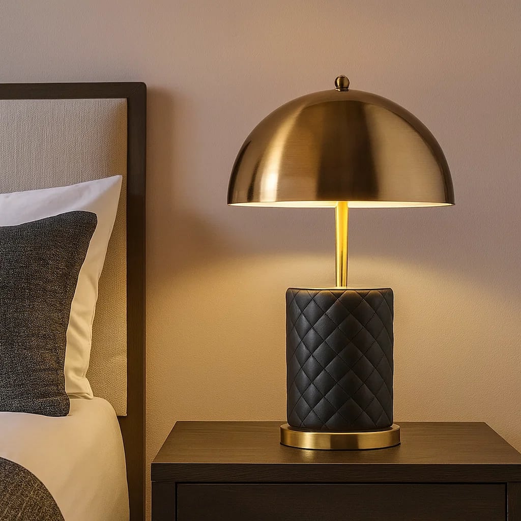 Aria 21 Inch Table Lamp, Dome Shade, Round Base, Black Faux Leather, Brass