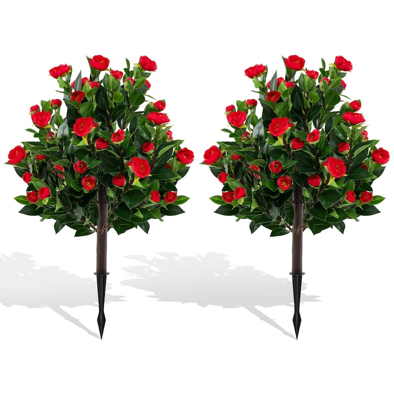 Artificial Camellia Tree Set of 2 with Red Flowers and Green Leaves for Indoor Outdoor Decor - 31"