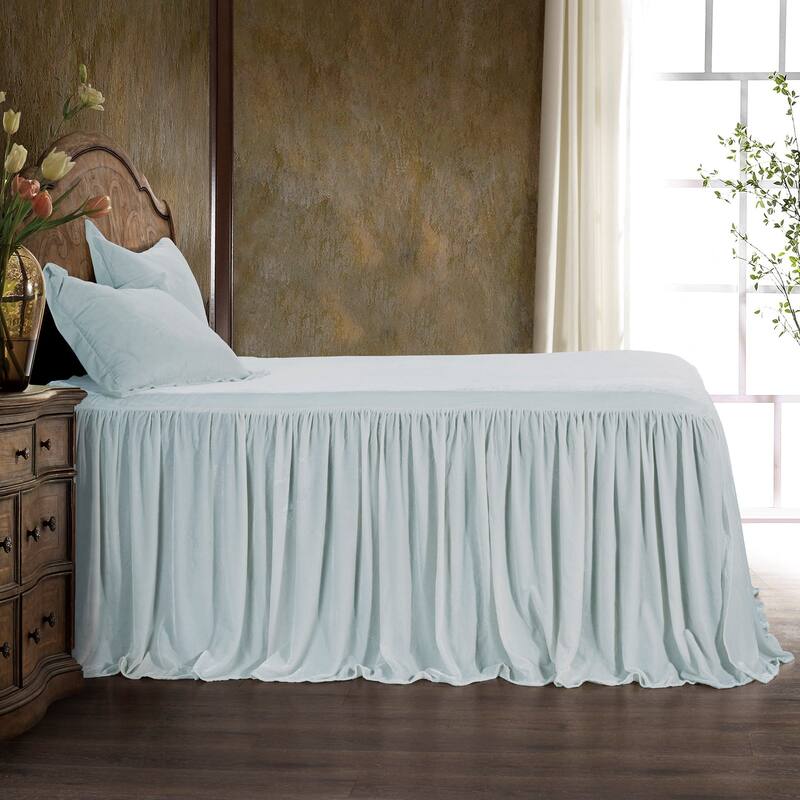 HiEnd Accents Stella Faux Silk Velvet Ruffle Skirt 3 Piece Bedspread Set with Pillow Shams - Icy Blue - King