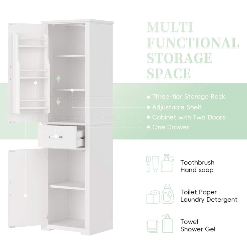 72" Tall Bathroom Storage Cabinet with Drawer, 2 Doors, Adjustable Shelves and Door Rack, Freestanding MDF Organizer
