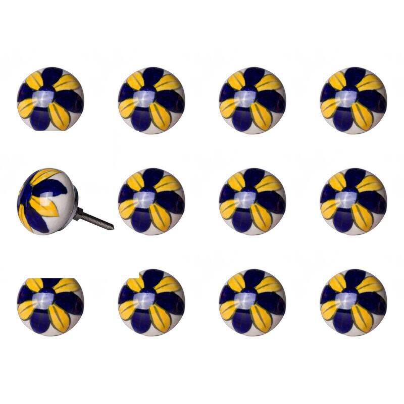 HomeRoots Set of Twelve Blue And Yellow Floral Ceramic Drawer Pull Knobs - 1.5" x 1.5" x 1.5"