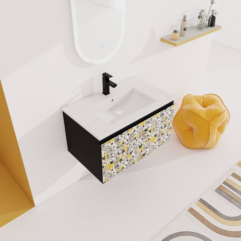 30" Floating Wall-Mounted Bathroom Vanity with Soft-Close Door Hinges, Ceramic Sink & Ample Storage