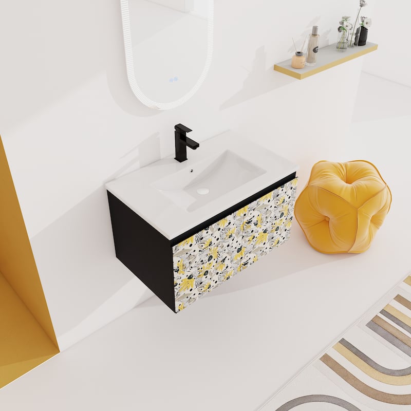 Modern 30'' Wall-Mounted Vanity with Ceramic Sink & Triple Soft-Close Cabinet Doors