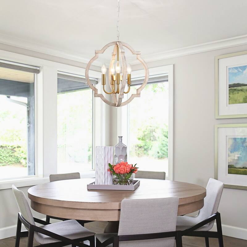 4-Light 16.33"W Wooden Lantern Rustic Chandeliers for Dining Room Kitchen