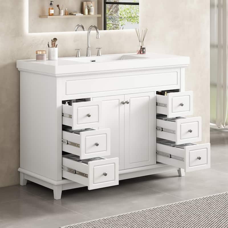 Roomfitters 48" Bathroom Vanity with Integrated Resin Sink, 6 Soft-Close Drawers and Double Doors with 2-Tier Shelving, White