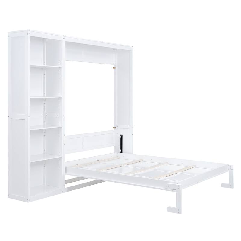 Space-Saving Queen Size Wall Bed with Shelves, White