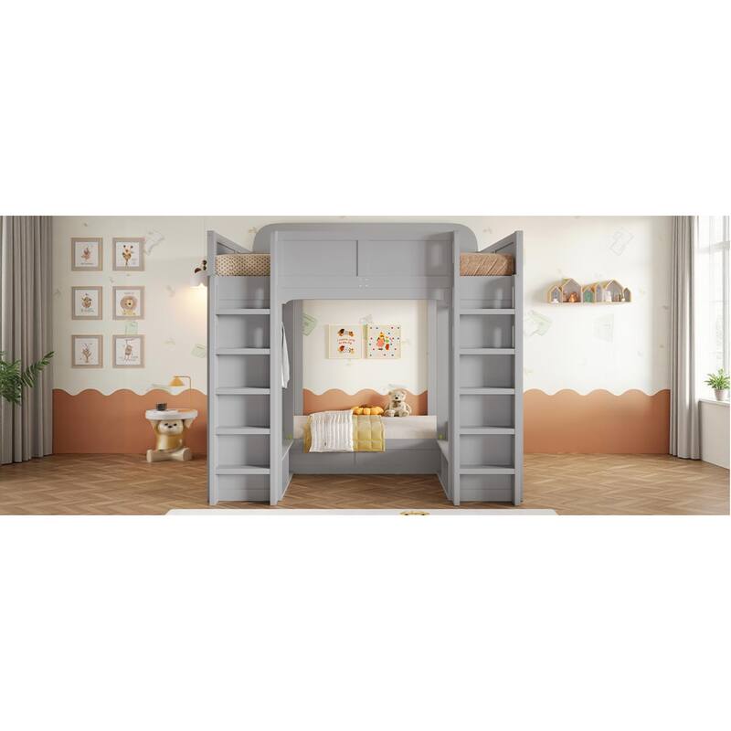 Roomfitters Triple Bunk Bed with Twin, Twin and Twin XL Beds, Storage Shelves and Hooks