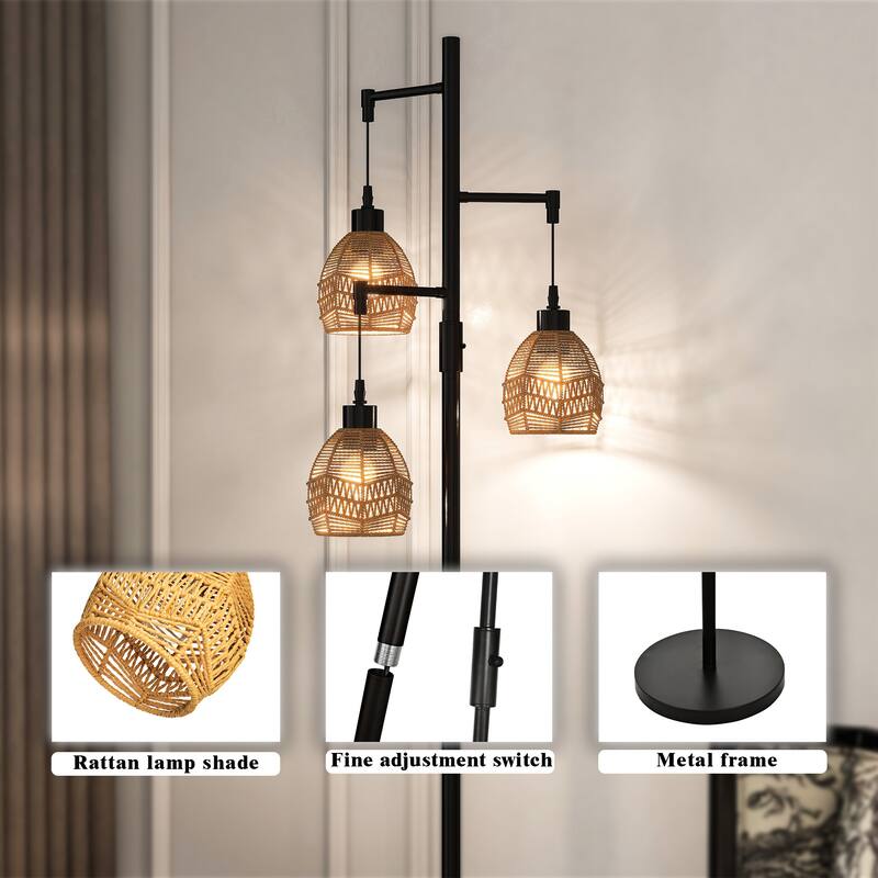 3-Light Woven Rattan Globe Tree Tall Floor Lamp