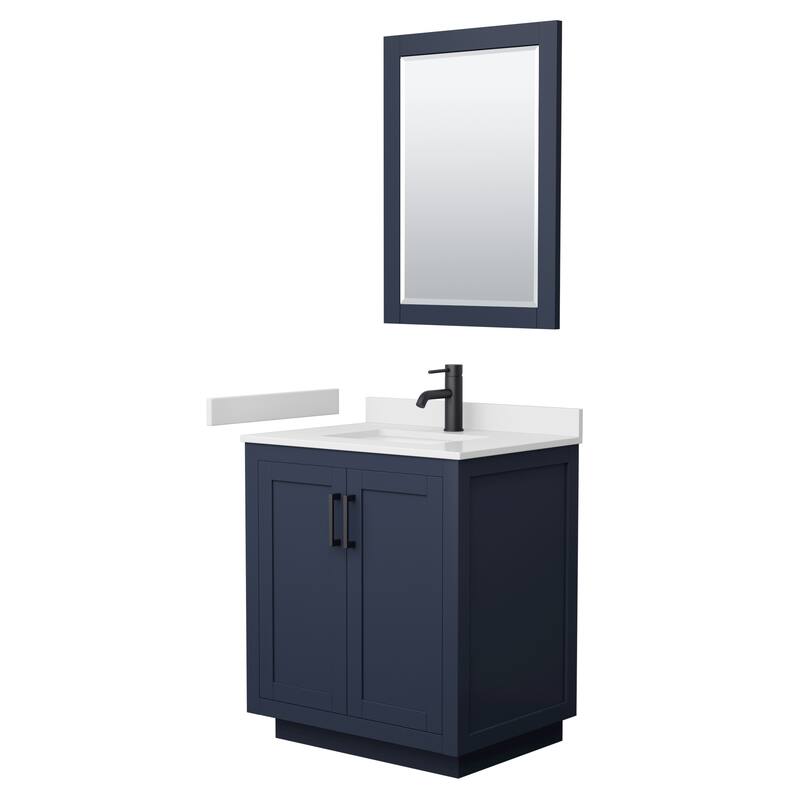 Miranda Single Vanity Set, Cultured Marble Top, 24-Inch Mirror - Dark Blue, Black Trim, White Cultured Marble Top