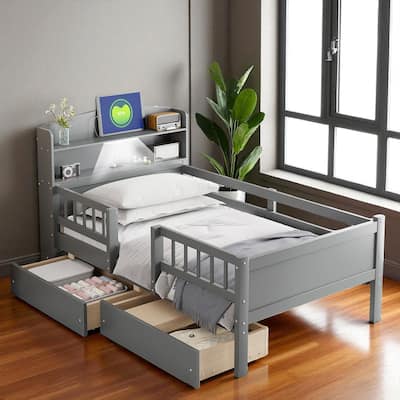 Twin Size Wood Platform Bed with LED Headboard, USB Charging, Guardrail & 2 Storage Drawers