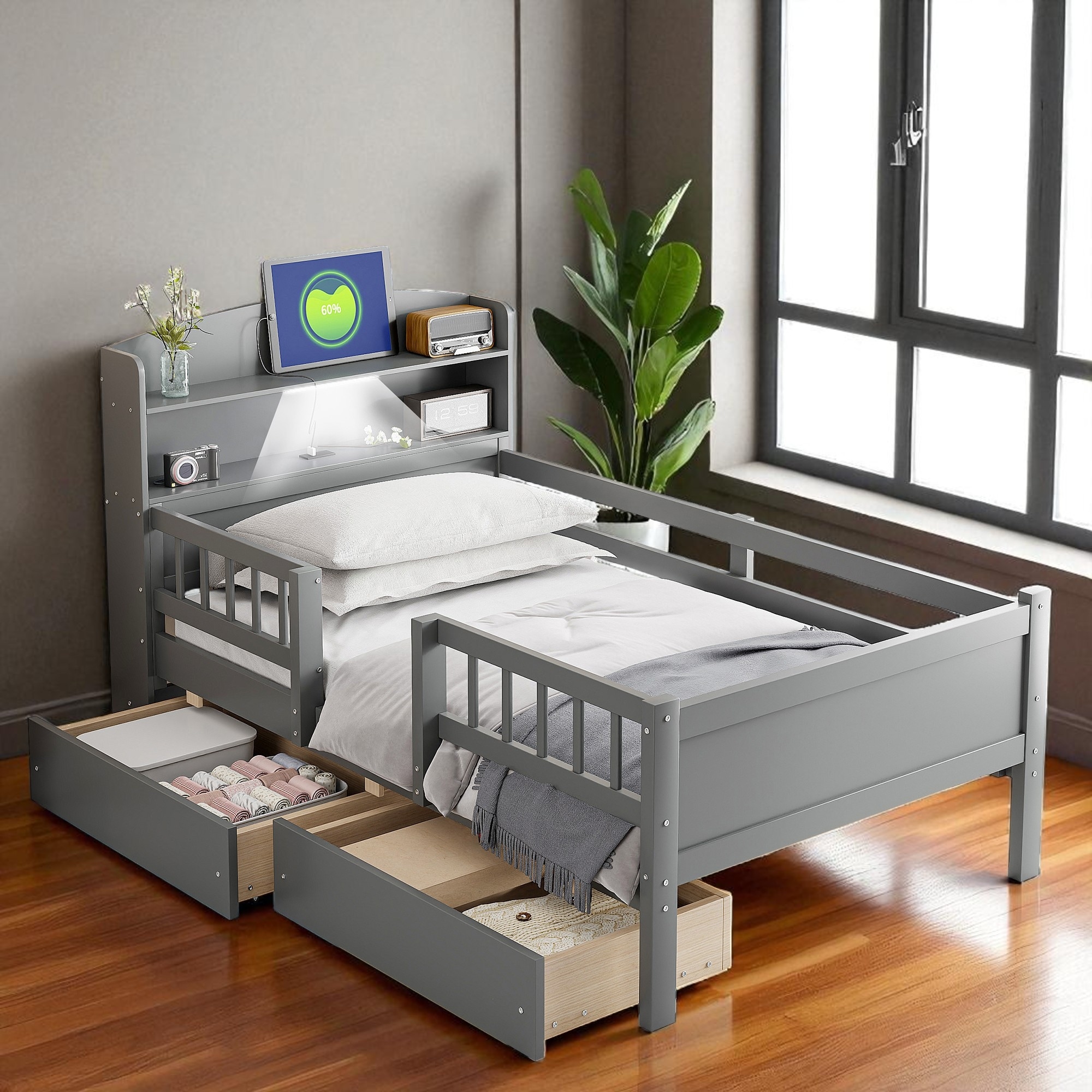 Twin Size Wood Platform Bed with LED Headboard, USB Charging, Guardrail & 2 Storage Drawers