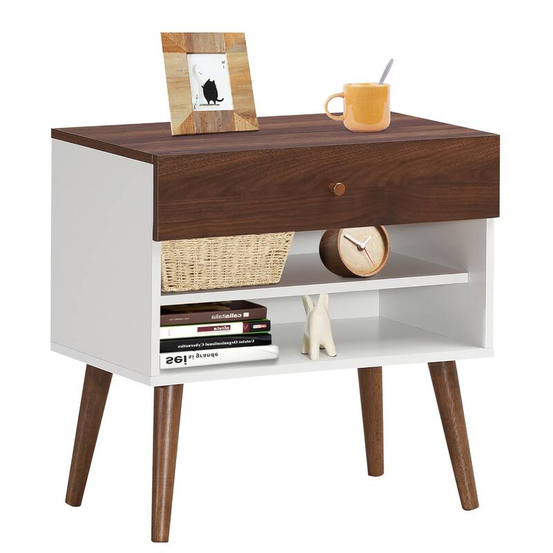 Costway Nightstand End Side Table Drawer Storage Shelf Mid-Century