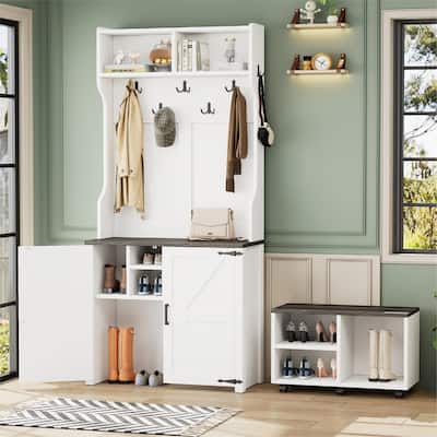 Barn Doors Hall Tree with Movable Bench, Entryway Bench with 7 Hooks and Shoe Cabinet, 76.9"H Rolling Coat Rack Coat Rack