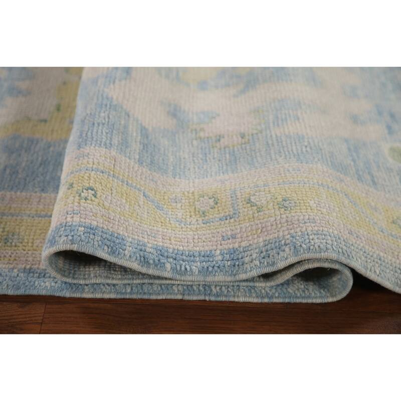 Vegetable Dye Oushak Turkish Runner Rug Hand-knotted Blue Wool Carpet - 3'3"x 12'10"