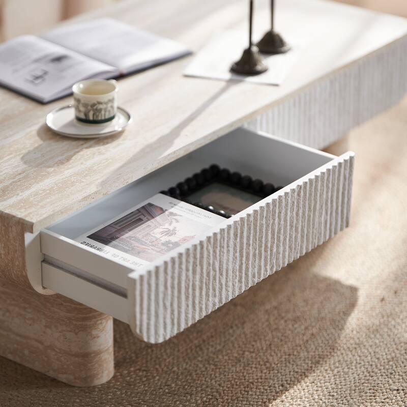 Coffee Table with Faux Marble Tabletop, Mid Century Modern Coffee Table with Fluted Drawer, Coffee Table for Living Room