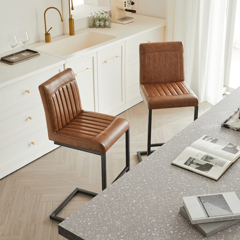 Set of 2 Brown Faux Leather Bar Stools, Padded Seat with Black Metal Frame, Counter Height