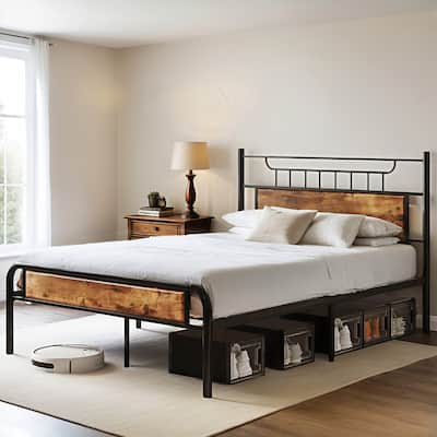 Industrial Wood Bed Frame with Headboard