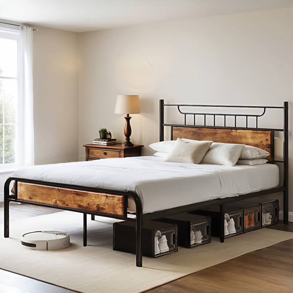 Industrial Wood Bed Frame with Headboard