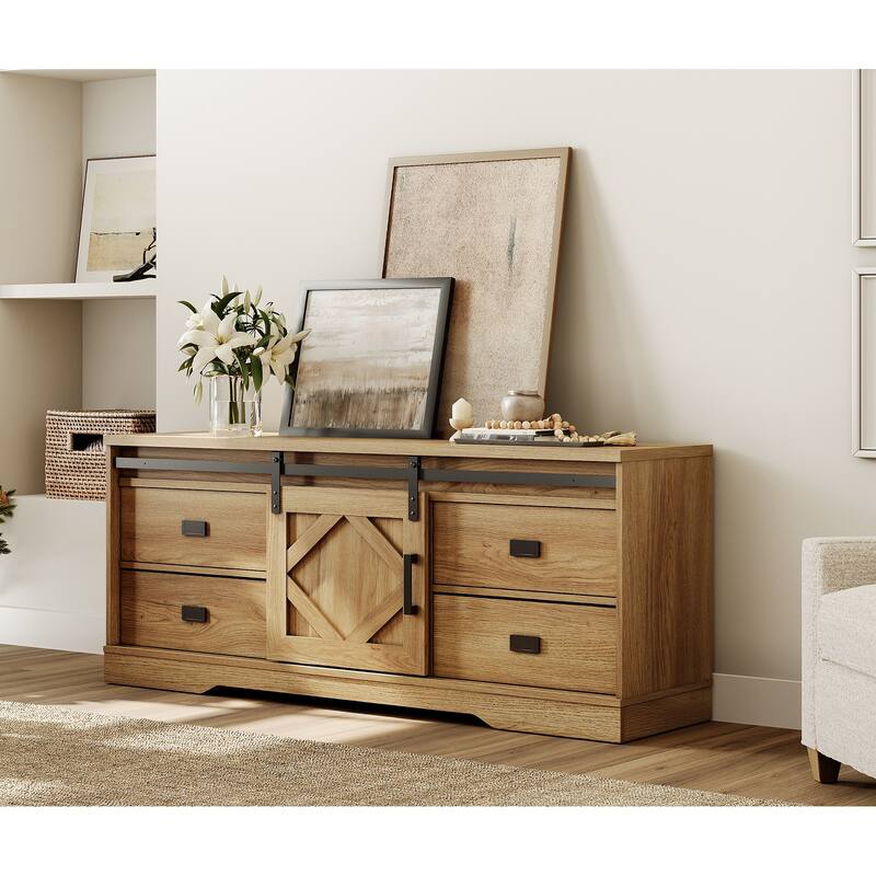 WAMPAT Farmhouse TV Stand with Sliding Barn Door for Living Room