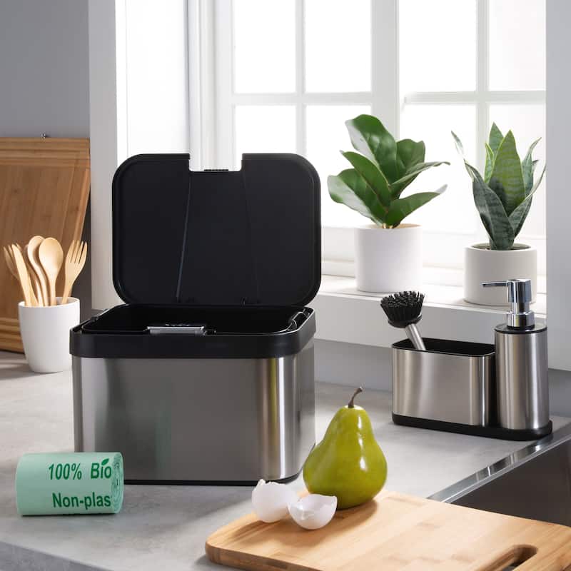 Organize It All Stainless Steel Compost Bin Set with Biodegradable Bags, Sink Organizer & Scrub Brush - 10"x 7.4"x 6.7"