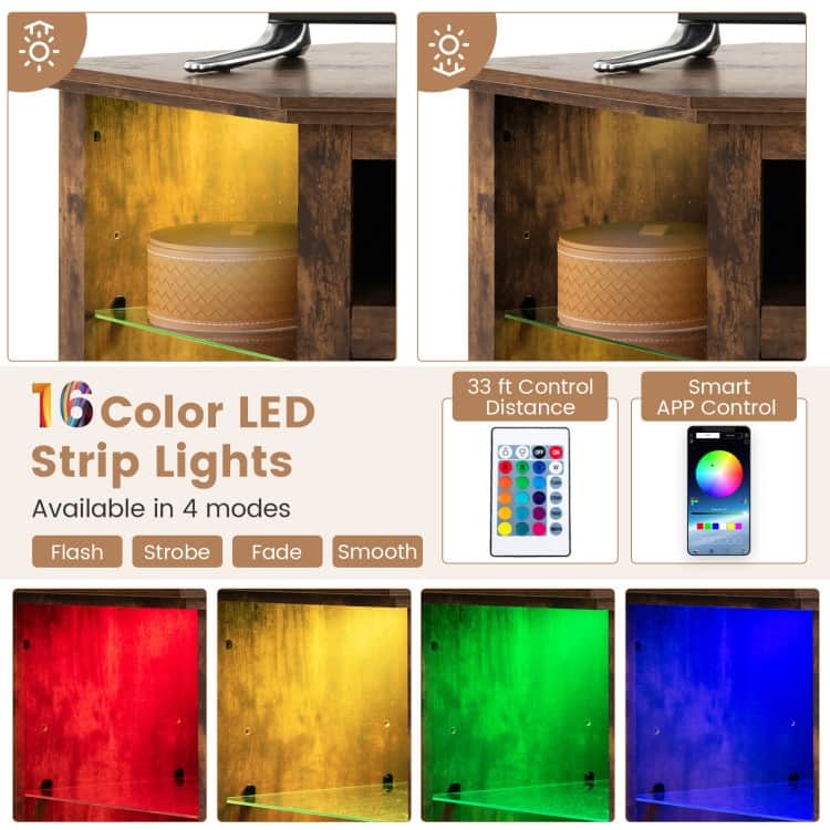 Electric Fireplace Corner TV Stand with LED Lights and Adjustable Glass Shelves - 45" x 22" x 30"