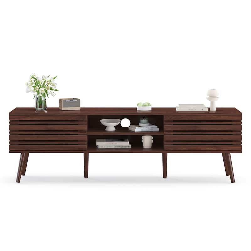Mid Century Modern TV Stands for up to 70" TV with Storage, Fluted Wood TV Stand for Living Room, Boho Media Console - Walnut