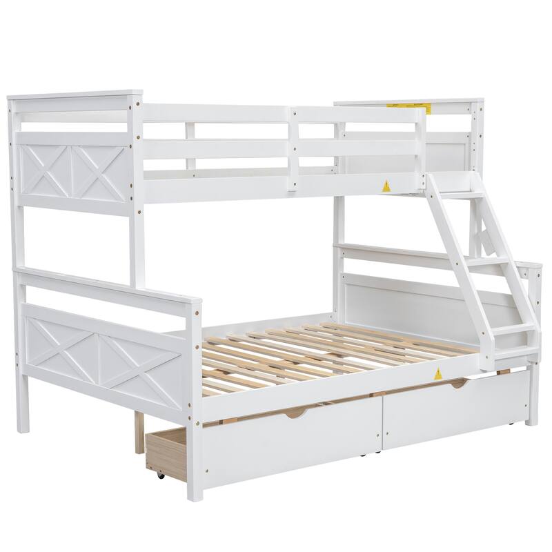 White Twin over Full Pine Wood Bunk Bed with Ladder and Two Storage Drawers